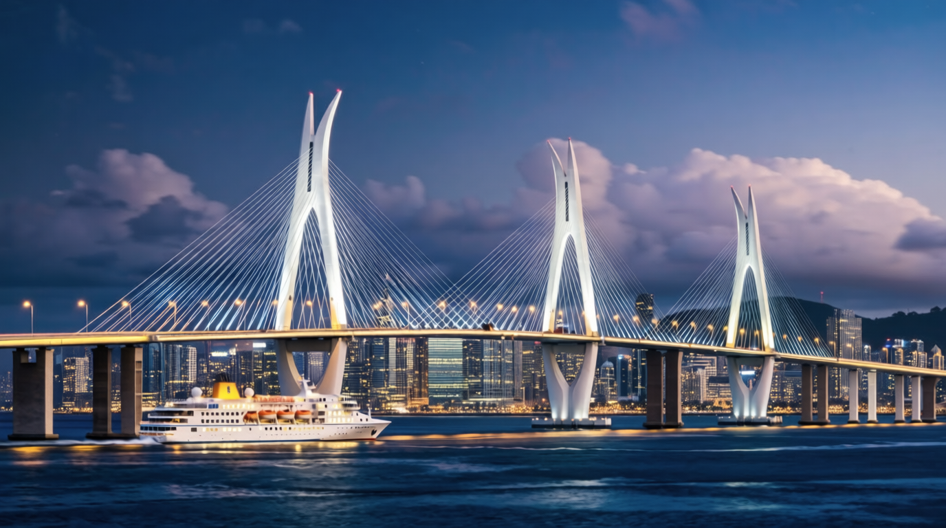 Hong Kong–Zhuhai–Macau bridge and cruise at dusk — artwork