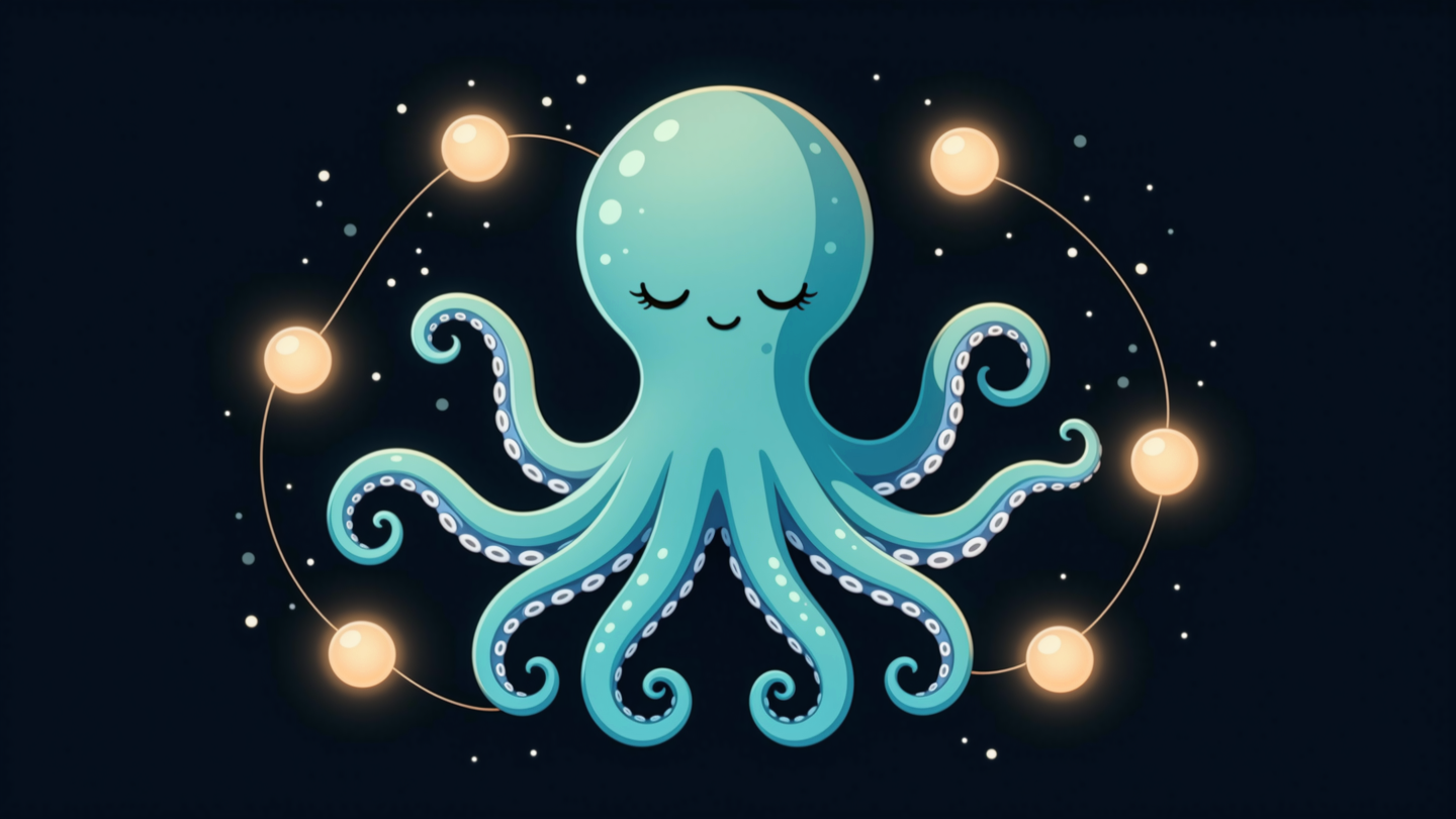 Octopus of light-lines interweaving with human figures — human-AI synergy artwork